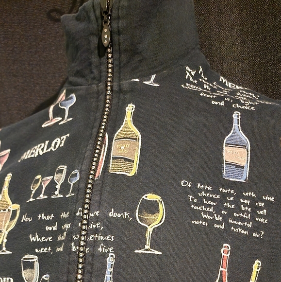 Vintage Jess & Jane French Terry Jacket Small Zip Front Wine Bottle Theme Blue - Picture 2 of 8